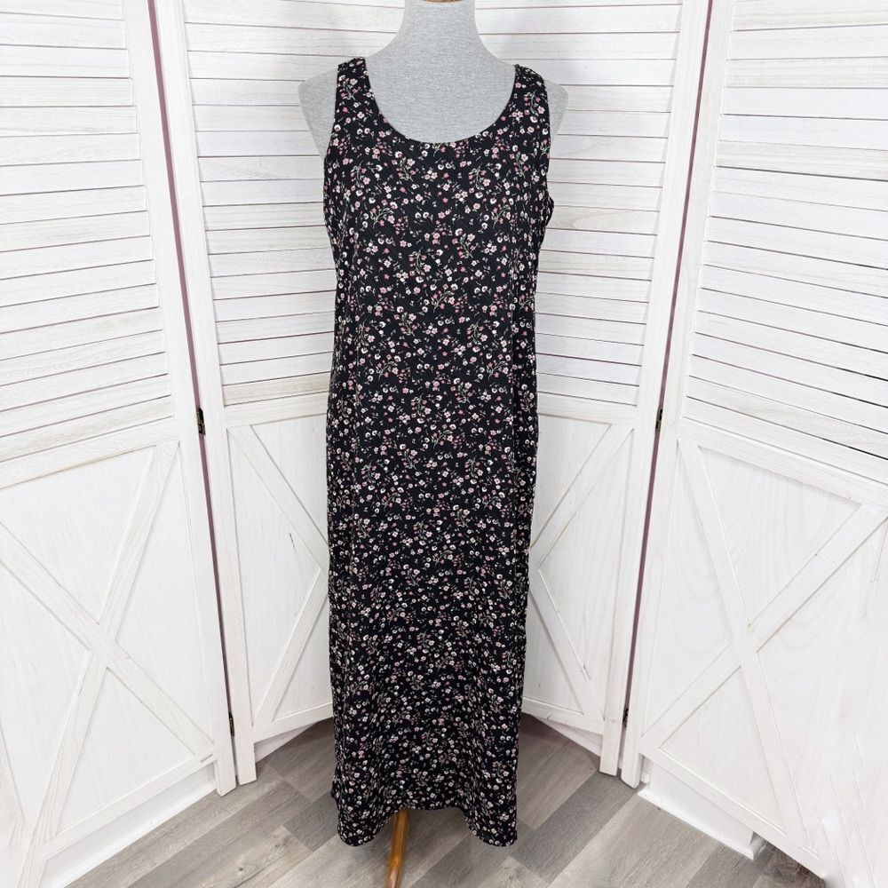 Vintage 90s Y2K Kathie Lee Floral Sleeveless Shift Maxi Dress Black Pink Medium
